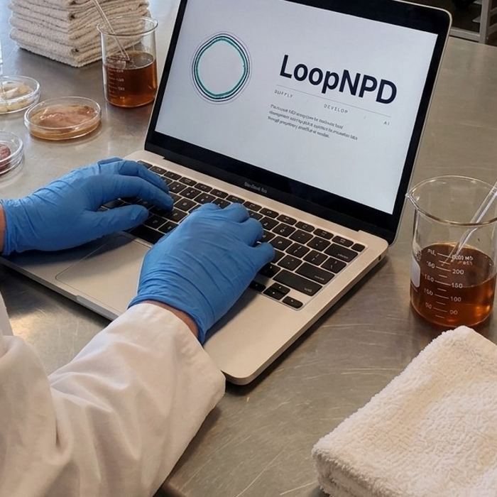 Gloved hands at a laptop showing the LoopNPD app beside bench samples